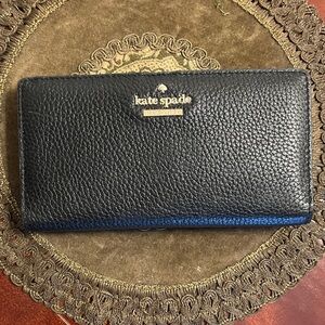kate spade Black Pebbled Leather Zip-Around Wallet with Gold Logo